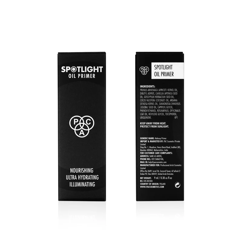 PAC Spotlight Oil Primer (9 ml)  An oil primer to achieve a dewy finish  Net Weight : 9 ml / 0.30 fl oz